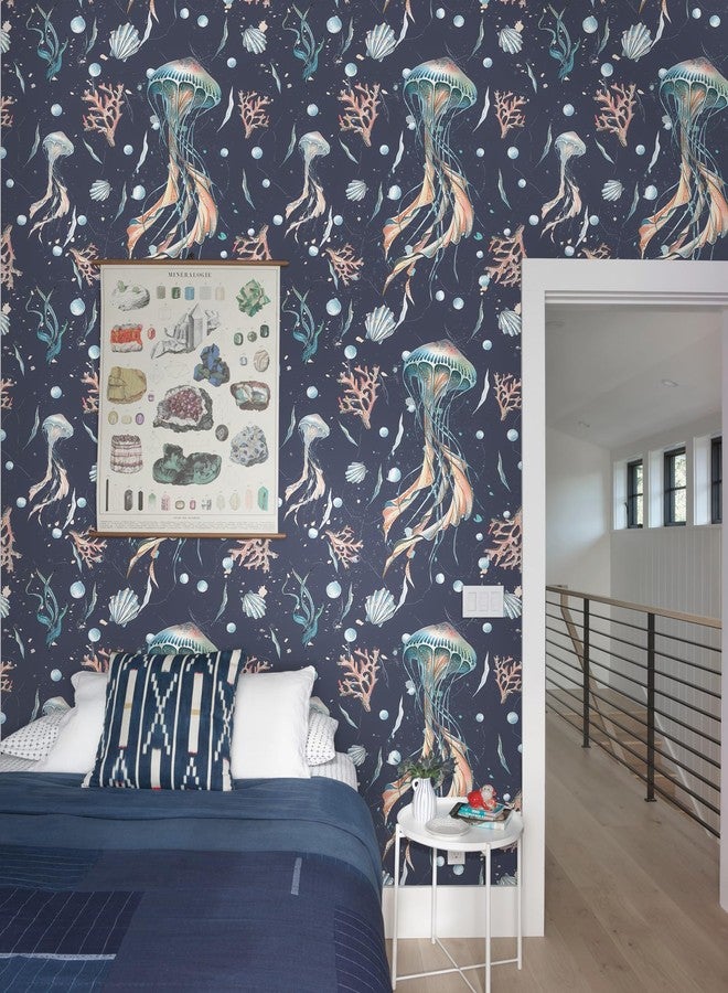 HeloHo Peel and Stick Wallpaper Dark Blue Wall Paper Ocean Jellyfish Seaweed Self Adhesive Removable Waterproof Contact Paper for Bathroom Living Room Decor 17.3" X 78.7" - Image 5