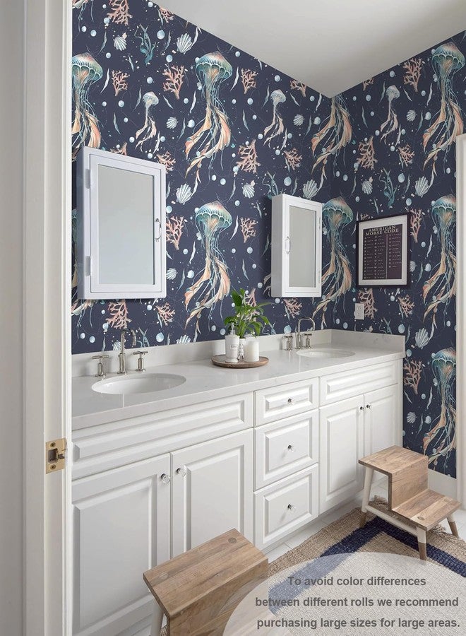 HeloHo Peel and Stick Wallpaper Dark Blue Wall Paper Ocean Jellyfish Seaweed Self Adhesive Removable Waterproof Contact Paper for Bathroom Living Room Decor 17.3" X 78.7" - Image 4