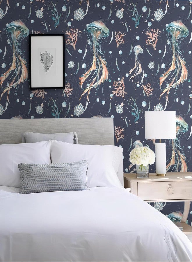 HeloHo Peel and Stick Wallpaper Dark Blue Wall Paper Ocean Jellyfish Seaweed Self Adhesive Removable Waterproof Contact Paper for Bathroom Living Room Decor 17.3" X 78.7" - Image 3