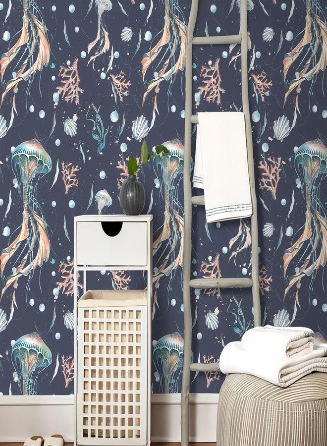 HeloHo Peel and Stick Wallpaper Dark Blue Wall Paper Ocean Jellyfish Seaweed Self Adhesive Removable Waterproof Contact Paper for Bathroom Living Room Decor 17.3" X 78.7" - Image 2