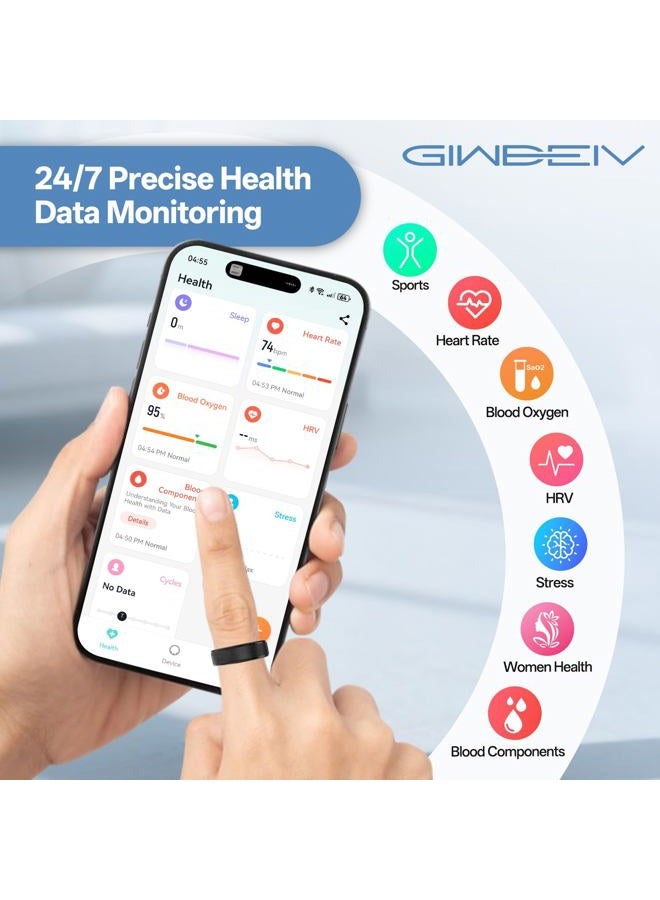 Giwbeiv Smart Ring for Women Men - Health Fitness Tracker Ring with Heart Rate/Sleep Tracker/Blood Oxygen/HRV/Stress/Calorie/Steps, Waterproof Health Ring for iOS & Android, No APP Fees(Black,10#) - Image 3
