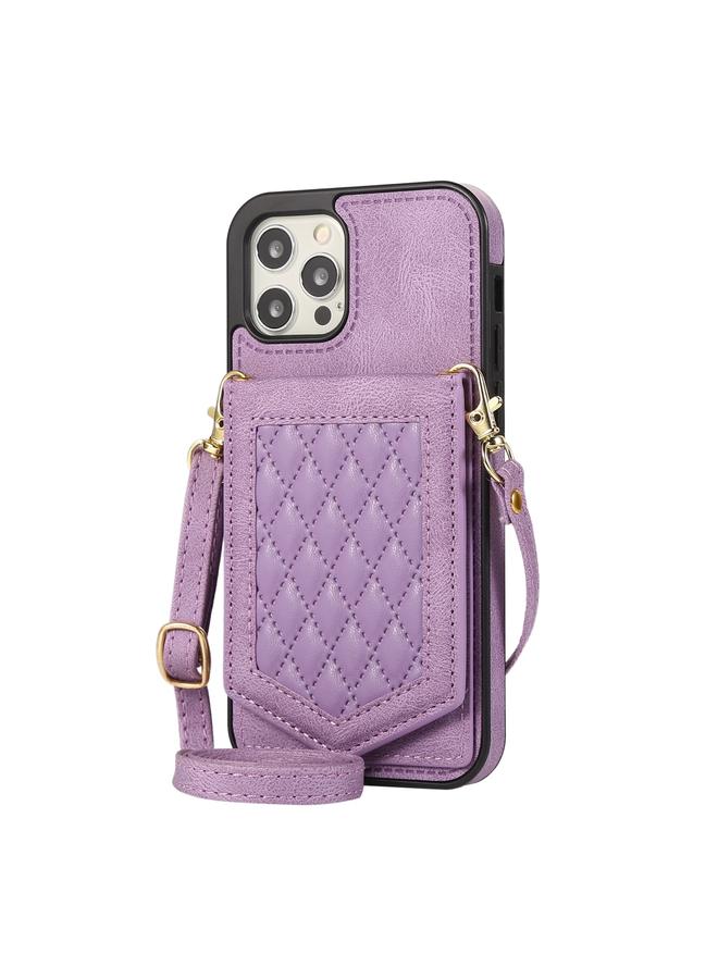 Zaboon Case For iPhone 12 / 12 Pro Rhombic Texture RFID Phone Case with Lanyard & Mirror - Image 2