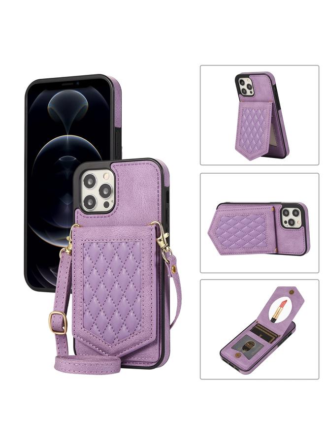 Zaboon Case For iPhone 12 / 12 Pro Rhombic Texture RFID Phone Case with Lanyard & Mirror - Image 1