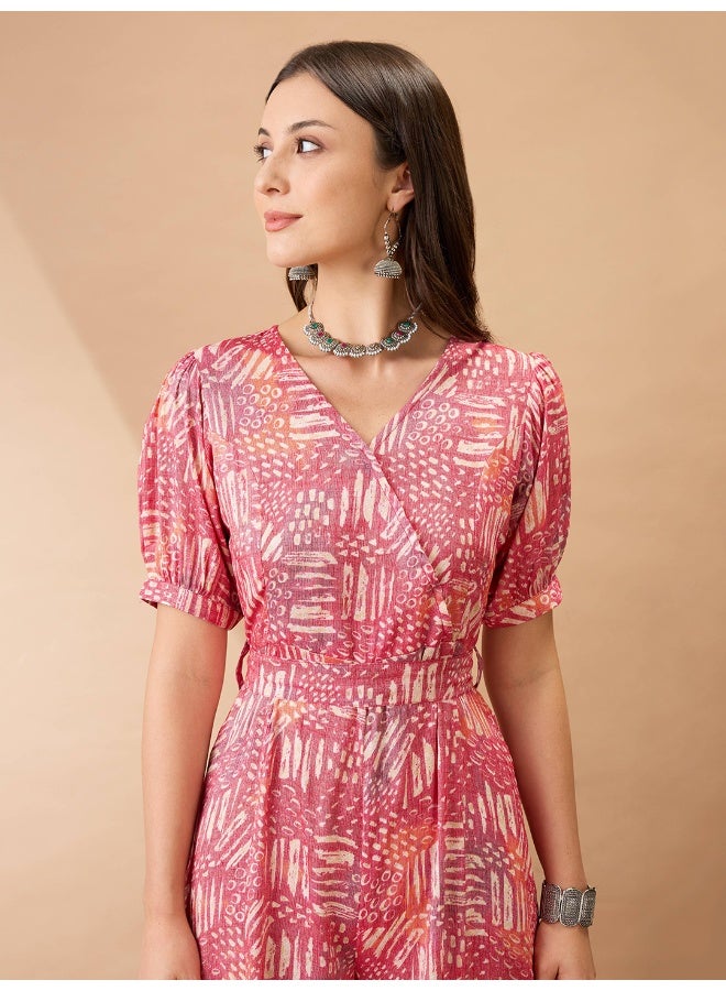 globus Globus Women Pink Wrap V-Neck Puff Sleeves Abstract Print Flared Wide Leg Fusion Jumpsuit with Belt  - Image 5