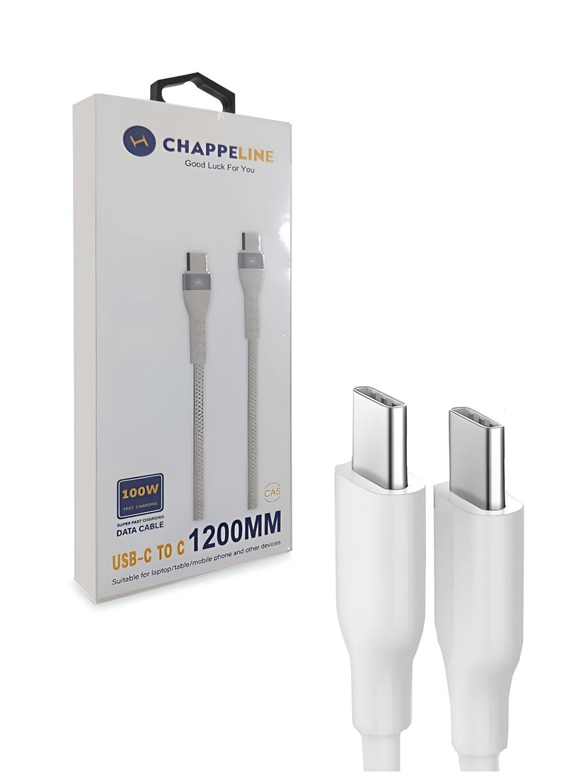 CHAPPELINE CA5 USB C to USB C 100W Fast Charging Cable, 1200MM Type-C Cable Fast Charging - White