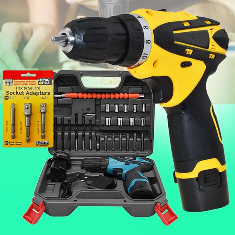 Galaxe 12V Portable Lithium Battery Power Cordless Impact Drill Multifunction Electric Hand Drill Screwdriver with 3pc Socket Adapter Hex Shank to 14 38 12 Drill BitGLX12V3SA1431pcs tool kit - Image 1