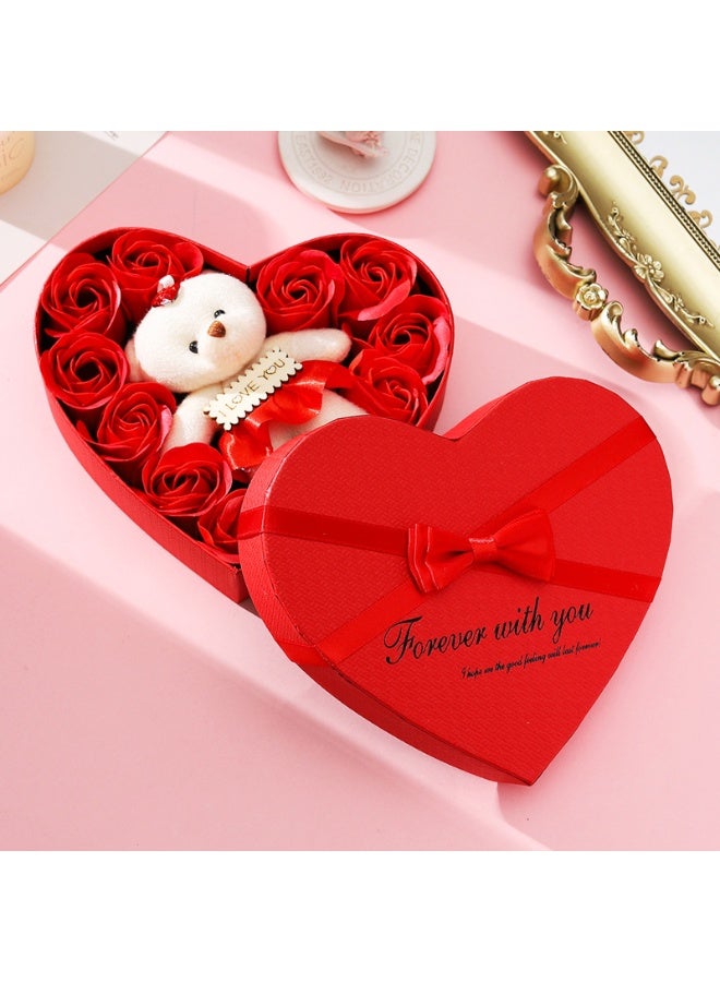 دب وردي مع صندوق على شكل قلب صندوق هدايا ورود رومانسي مع دب دمية لطيف لعيد الأم والذكرى السنوية وعيد الحب - Image 3