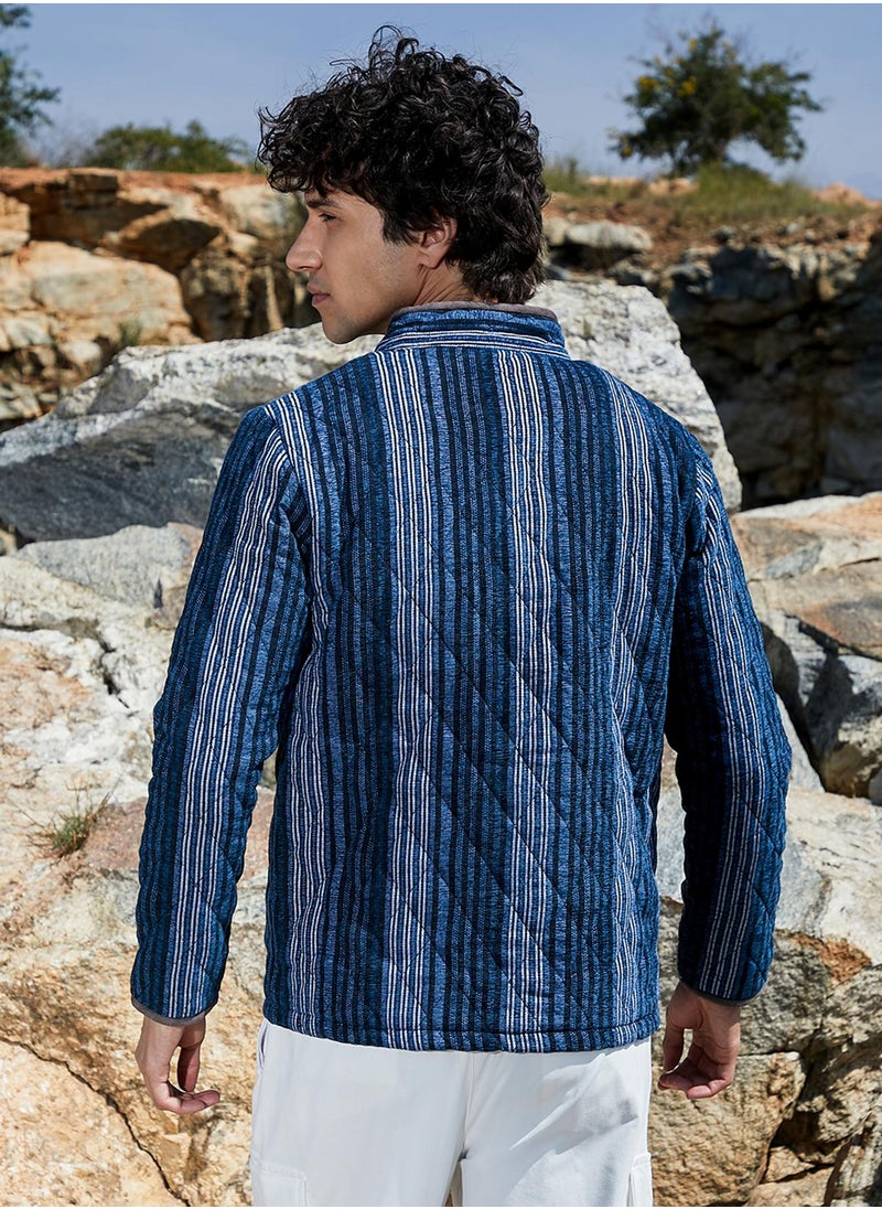 Campus Sutra Men's Black & Prussian Blue Striped Quilted Bomber Jacket  - Image 5