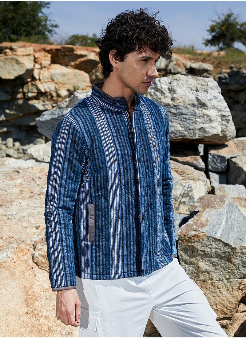 Campus Sutra Men's Black & Prussian Blue Striped Quilted Bomber Jacket  - Image 3