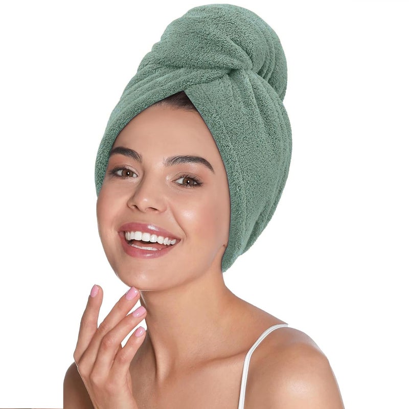 Mush Bamboo Hair Towel Wrap | Absorbent Towel Hair-Drying | Hair Care Combo | Super Quick-Drying| Adjustable Buttons to Wrap Around Hair 500 GSM (Olive Green) - Image 1