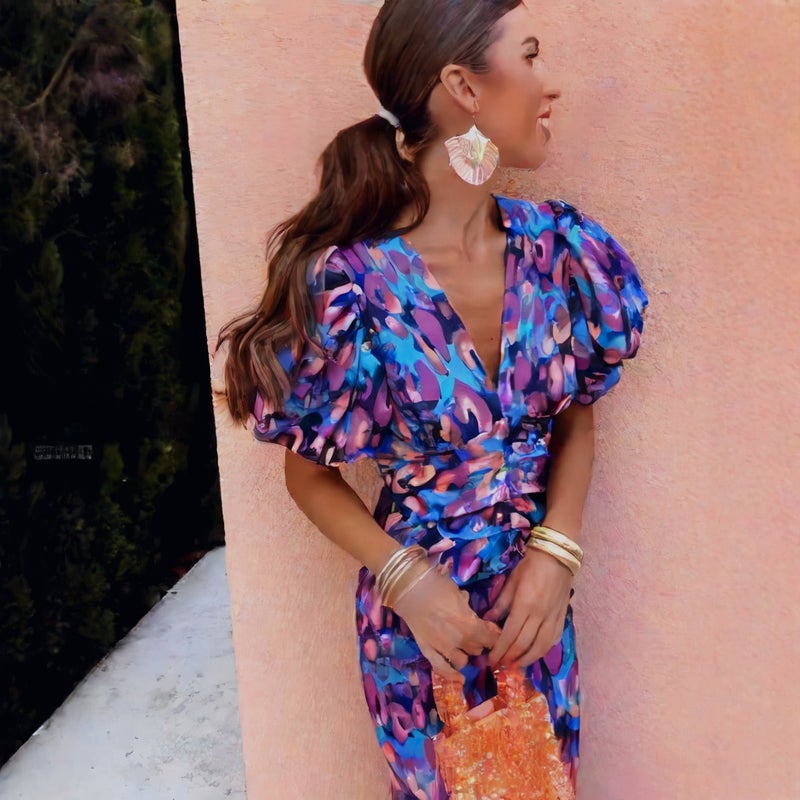 V Neck Bodycon Puff Sleeve Short Dress with Print - Image 2