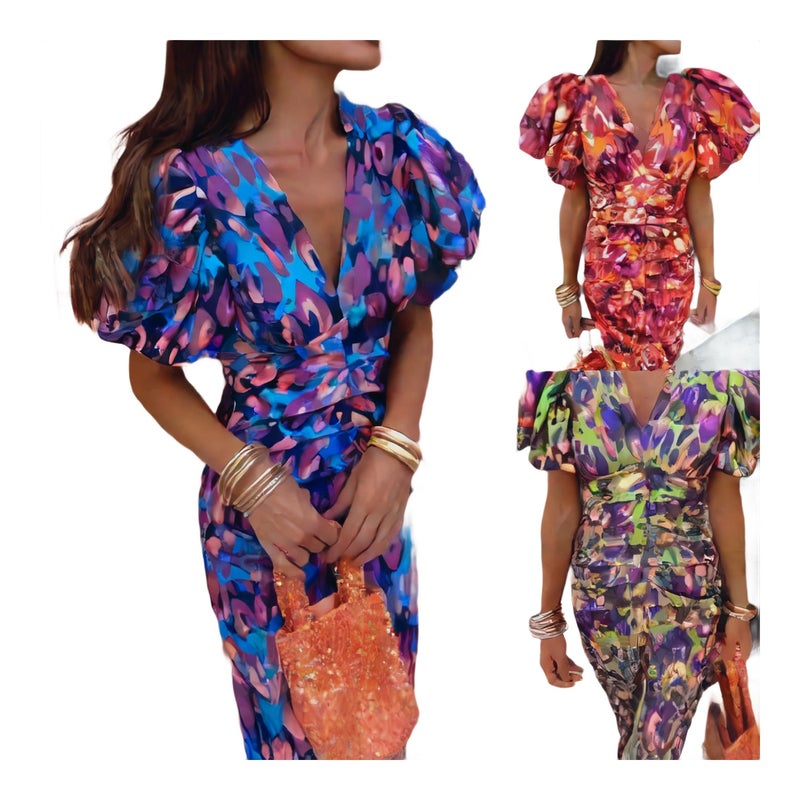 V Neck Bodycon Puff Sleeve Short Dress with Print - Image 1