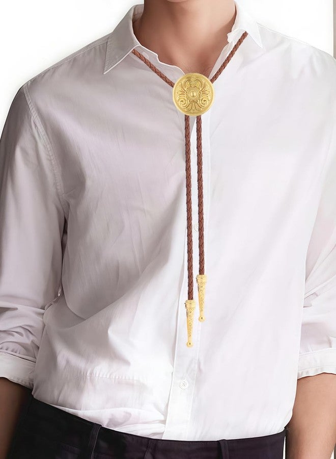 GelConnie Gold Bolo Tie for Women Brown Bolo Tie for Men Western Bolero Ties Flower Rodeo Cowboy Leather Necktie - Image 2