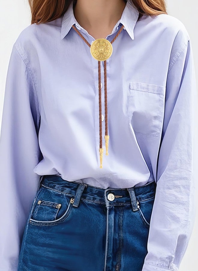 GelConnie Gold Bolo Tie for Women Brown Bolo Tie for Men Western Bolero Ties Flower Rodeo Cowboy Leather Necktie - Image 3