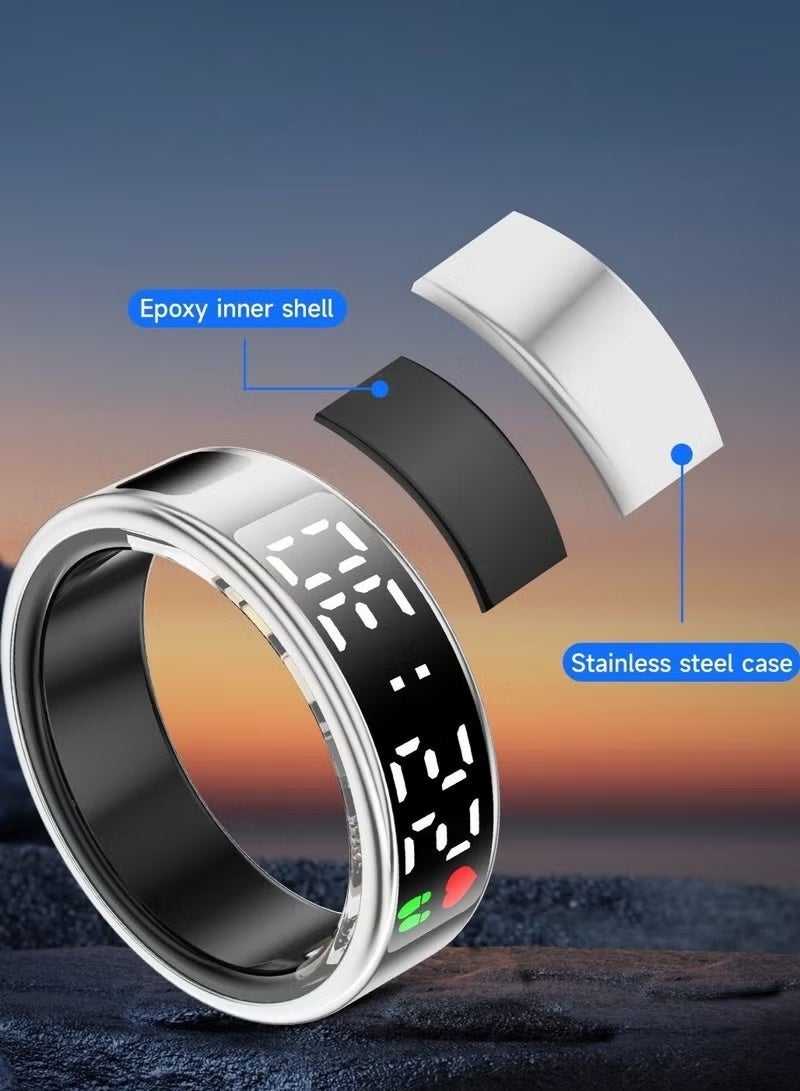 Smart Ring Health Fitness Tracker, Touch Screen Smart Ring for Men and Women, Sleeping Steps Heart Rate Blood Oxygen Monitor, Remote Photography LED Display Ring Waterproof Fitness Ring (Silver, 9) - Image 1