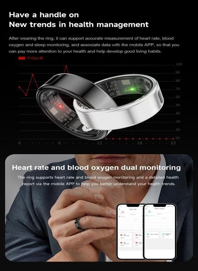 Smart Ring Health Fitness Tracker, Touch Screen Smart Ring for Men and Women, Sleeping Steps Heart Rate Blood Oxygen Monitor, Remote Photography LED Display Ring Waterproof Fitness Ring (Silver, 9) - Image 5