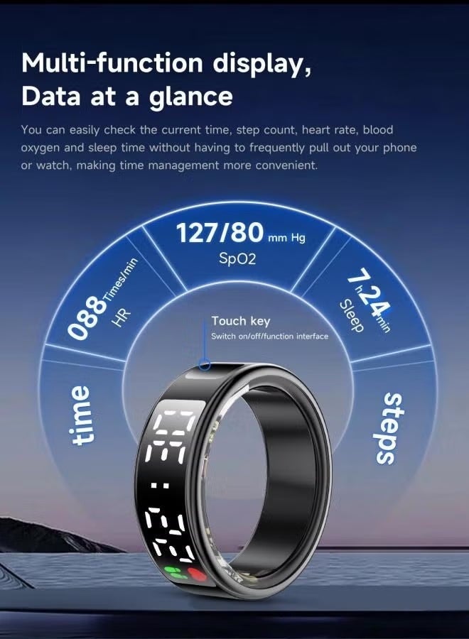 Smart Ring Health Fitness Tracker, Touch Screen Smart Ring for Men and Women, Sleeping Steps Heart Rate Blood Oxygen Monitor, Remote Photography LED Display Ring Waterproof Fitness Ring (Silver, 9) - Image 3
