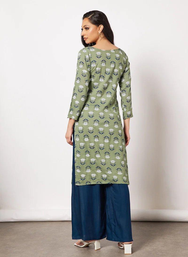 HANA & SARA Printed Kurta And Pants With Facemask