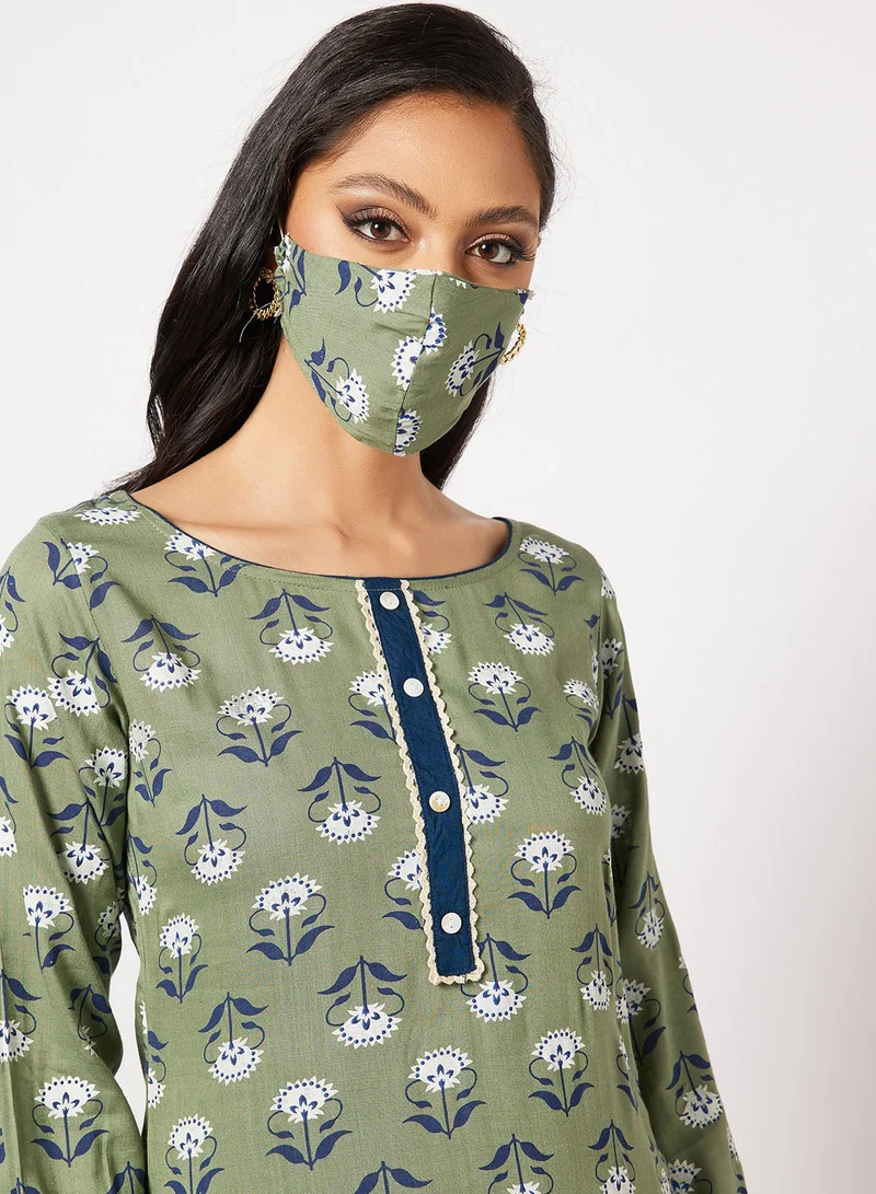 HANA & SARA Printed Kurta And Pants With Facemask