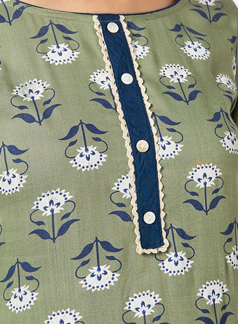 HANA & SARA Printed Kurta And Pants With Facemask