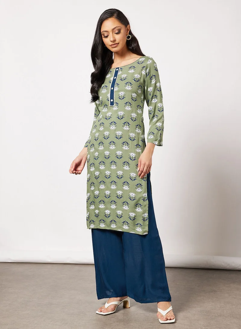 HANA & SARA Printed Kurta And Pants With Facemask