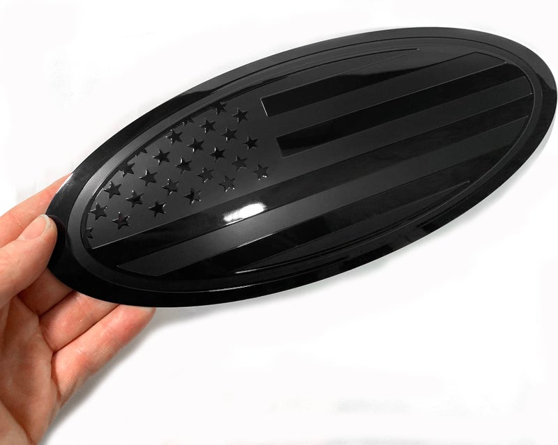 eVerHITCH 9.5" Front Grille Tailgate Rear Aluminum Overlay American Black Flag Oval Emblem for F150 (9.5", Black) - Image 1