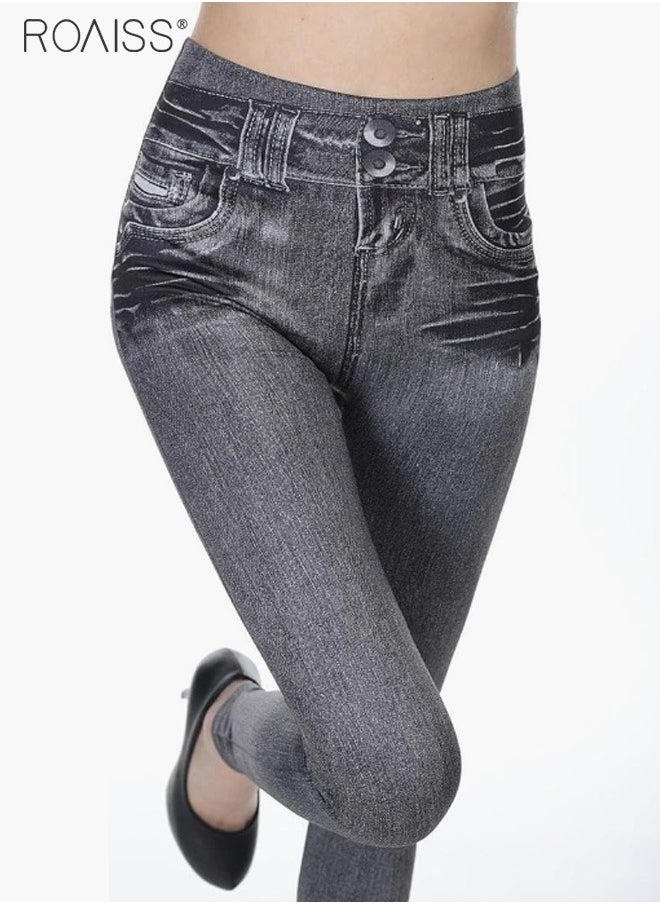 roaiss Women's Ultra-High Elastic High Waist Leggings With Denim Pattern Yoga Exercise Leggings  - Image 4