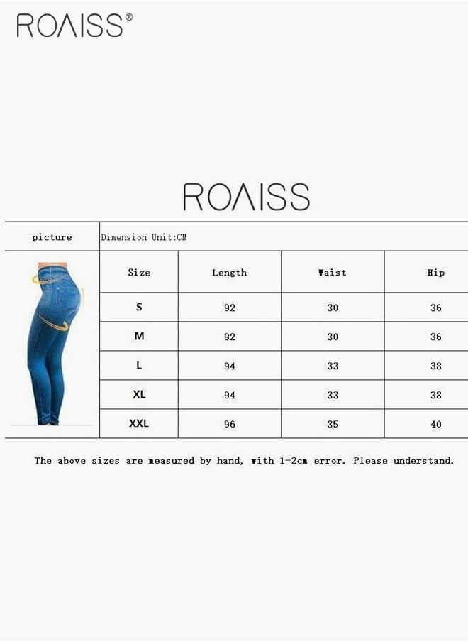 roaiss Women's Ultra-High Elastic High Waist Leggings With Denim Pattern Yoga Exercise Leggings  - Image 3