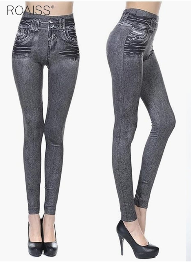 roaiss Women's Ultra-High Elastic High Waist Leggings With Denim Pattern Yoga Exercise Leggings  - Image 5