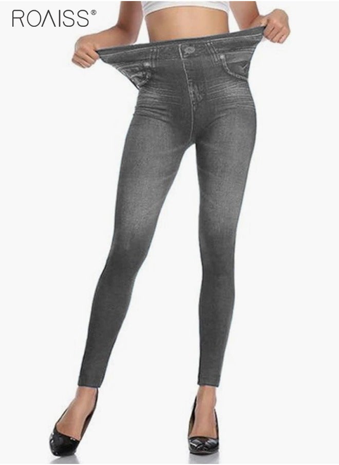 roaiss Women's Ultra-High Elastic High Waist Leggings With Denim Pattern Yoga Exercise Leggings  - Image 2