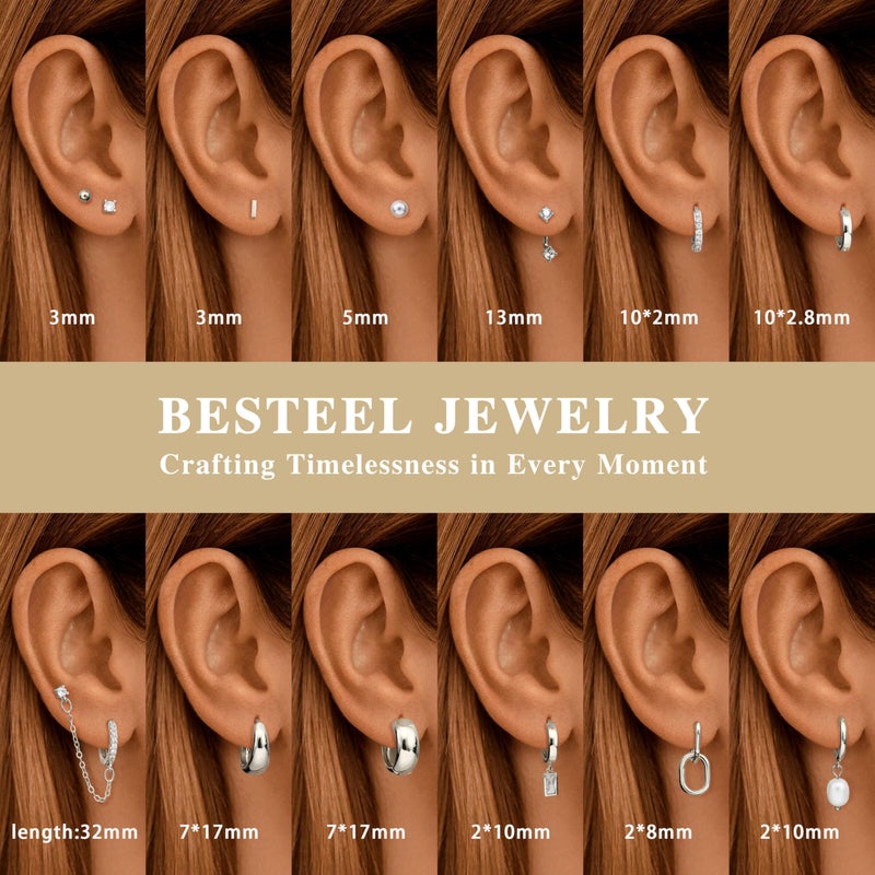 BESTEEL 13 Pairs Small Stud Hoop Earrings Set for Women Hypoallergenic 14K Gold Plated Dainty Huggie Hoops Lightweight Earrings for Gift - Image 3