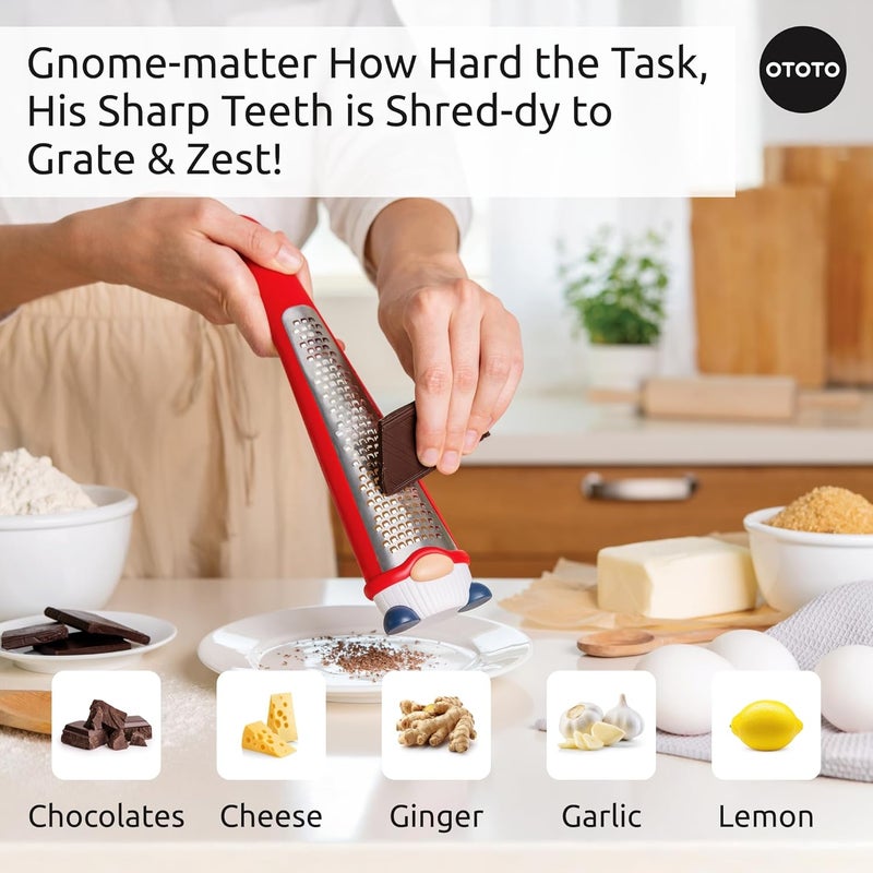 OTOTO Grater - Stainless Steel, BPA Free, Dishwasher Safe, Fun Kitchen Gadget, Vegetable Shredder, Cute Kitchen Gifts & Accessories (Pepito Gnome Grater, Red) - Image 4
