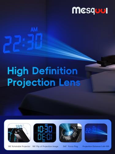 Mesqool Digital Projection Alarm Clocks for Bedrooms - Large LED Display, 180° Rotatable Projector, 5-Level Dimmer,USB Charger,Battery Backup,Loud Dual Alarms for Kids Elderly,Heavy Sleepers,Snooze,12/24H,DST - Image 3