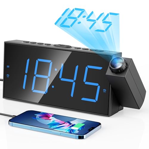 Mesqool Digital Projection Alarm Clocks for Bedrooms - Large LED Display, 180° Rotatable Projector, 5-Level Dimmer,USB Charger,Battery Backup,Loud Dual Alarms for Kids Elderly,Heavy Sleepers,Snooze,12/24H,DST - Image 1