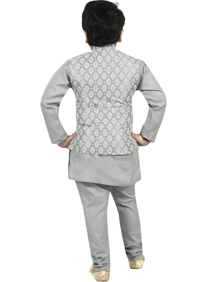 BT DEZINES Boys Grey Floral Pattern Ethnic Set