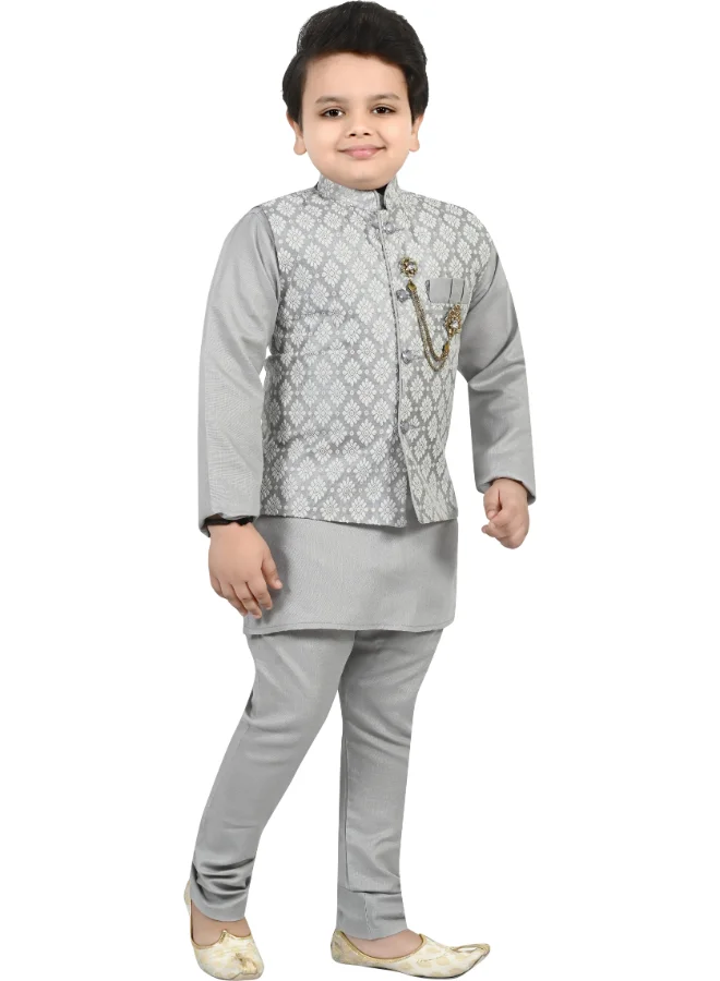 BT DEZINES Boys Grey Floral Pattern Ethnic Set