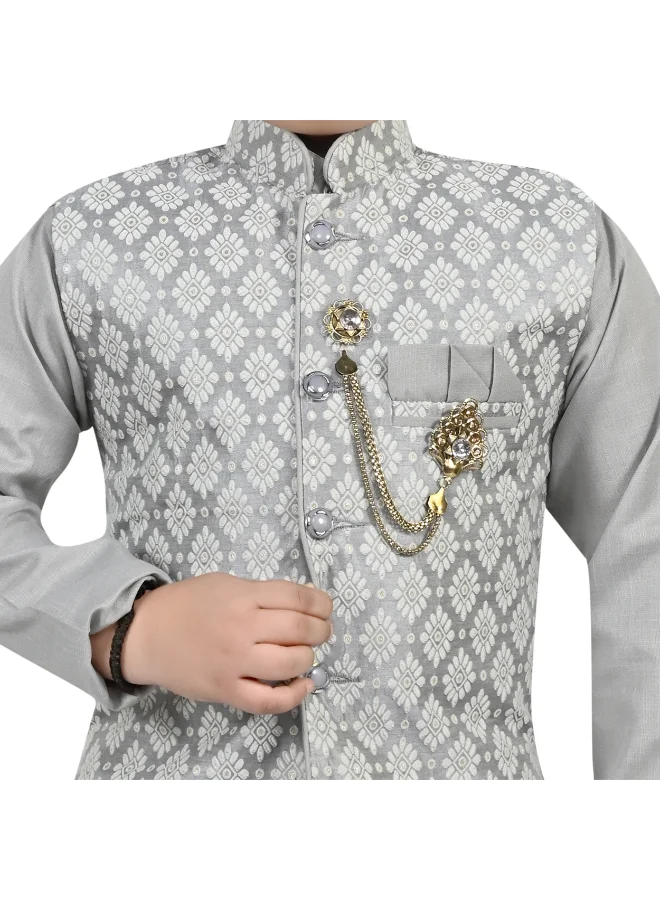 BT DEZINES Boys Grey Floral Pattern Ethnic Set