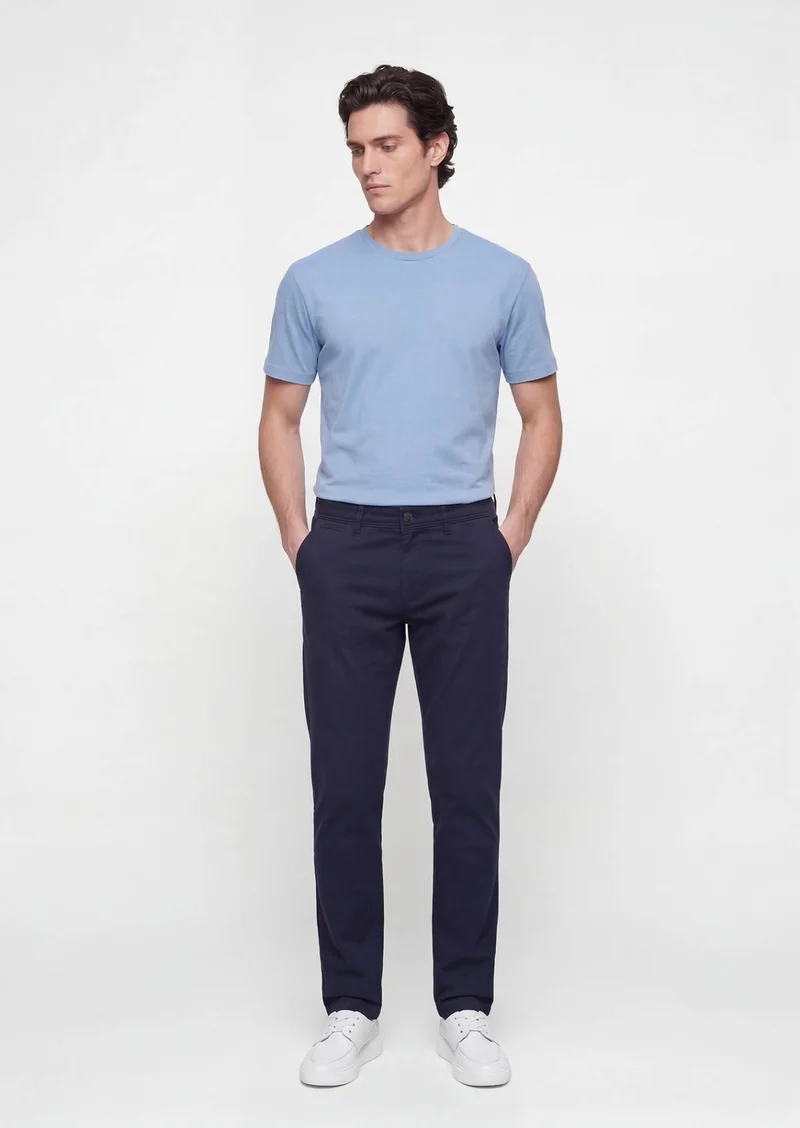RAMSEY Navy Blue Weaving Slim Fit Casual Cotton Blended Trousers