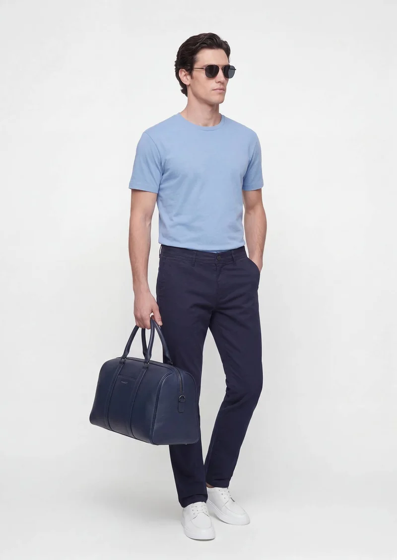 RAMSEY Navy Blue Weaving Slim Fit Casual Cotton Blended Trousers