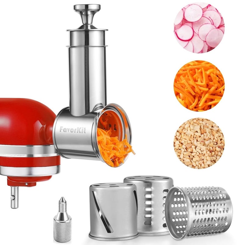 FavorKit Large Stainless Steel Slicer Shredder Attachment for KitchenAid Mixers Dishwasher Safe Salad Maker Cheese Grater Accessories with 3 Blades 1 Knob Thumb Screw - Image 2