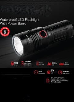 Olsenmark Olsenmark LED Flashlight with Power Bank- OMFL2823, Aluminum Housing with 25W High Power LED, 3000 Lumen, 15 Hours Working Time, Lithium-Ion Battery with Power Reminder  - Image 1