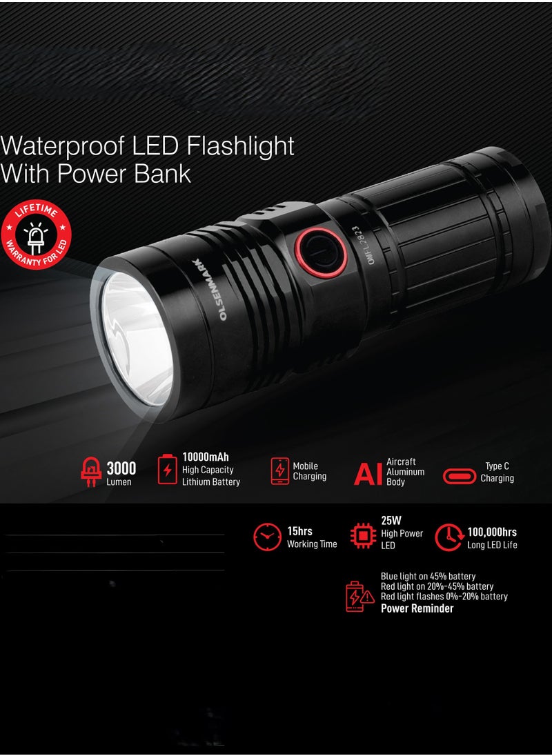 Olsenmark Olsenmark LED Flashlight with Power Bank- OMFL2823, Aluminum Housing with 25W High Power LED, 3000 Lumen, 15 Hours Working Time, Lithium-Ion Battery with Power Reminder  - Image 1