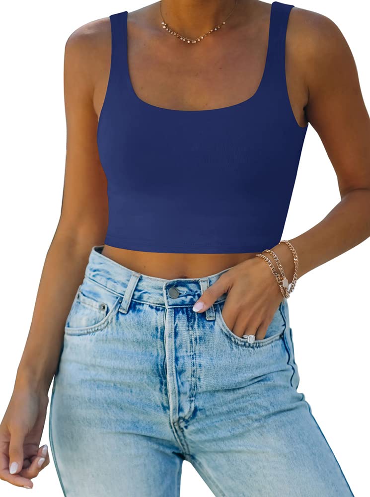 REORIA Women's Summer Sexy Basic Sleeveless Square Neck Fitted Seamless Yoga Cropped Tank Cute Crop Tops Dark Blue Medium - Image 1