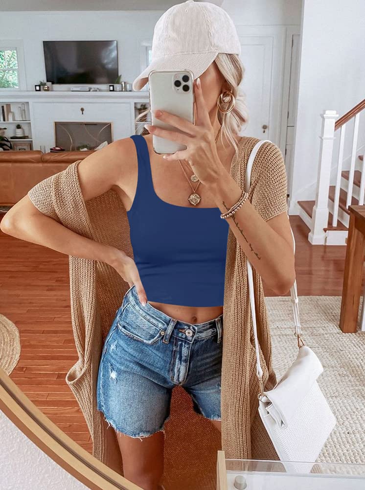 REORIA Women's Summer Sexy Basic Sleeveless Square Neck Fitted Seamless Yoga Cropped Tank Cute Crop Tops Dark Blue Medium - Image 4