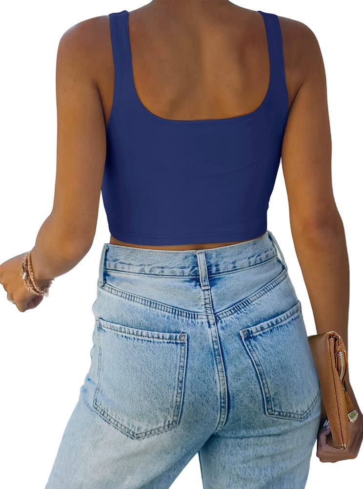 REORIA Women's Summer Sexy Basic Sleeveless Square Neck Fitted Seamless Yoga Cropped Tank Cute Crop Tops Dark Blue Medium - Image 2