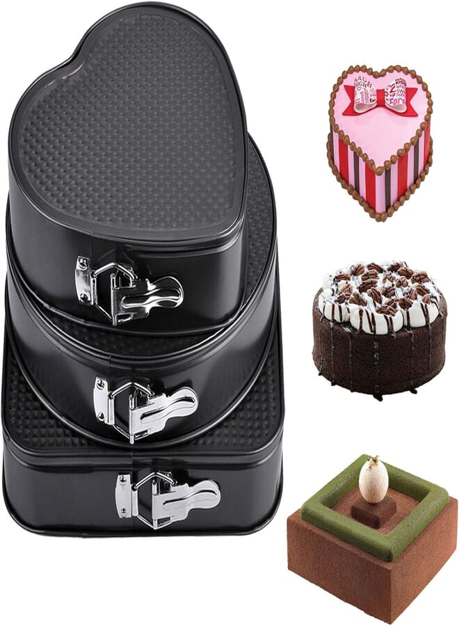 Warmht Springform Cake Pan Set, Round and Square Heart Shape Cake Pan Set of 3 (8/9/10 Inch) Black