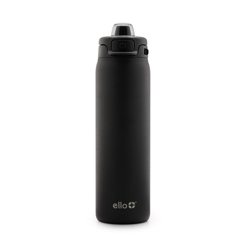 Ello Pop & Fill 22oz Stainless Steel Water Bottle with Quick Fill Technology, Double Walled and Vacuum Insulated Metal, Leak Proof Locking Lid, Sip and Chug, Reusable, BPA Free, Black - Image 1