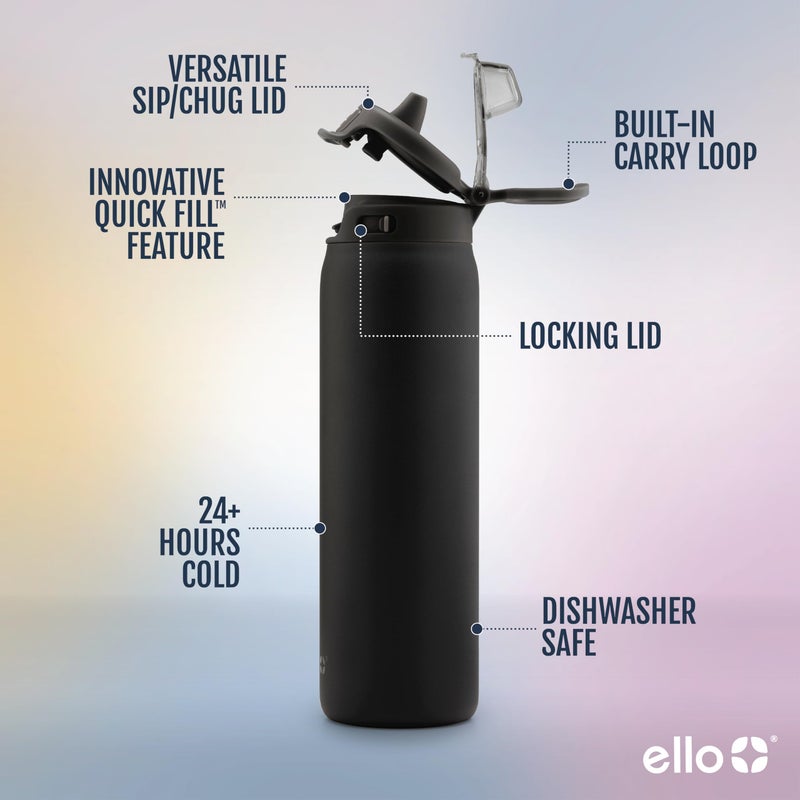 Ello Pop & Fill 22oz Stainless Steel Water Bottle with Quick Fill Technology, Double Walled and Vacuum Insulated Metal, Leak Proof Locking Lid, Sip and Chug, Reusable, BPA Free, Black - Image 2