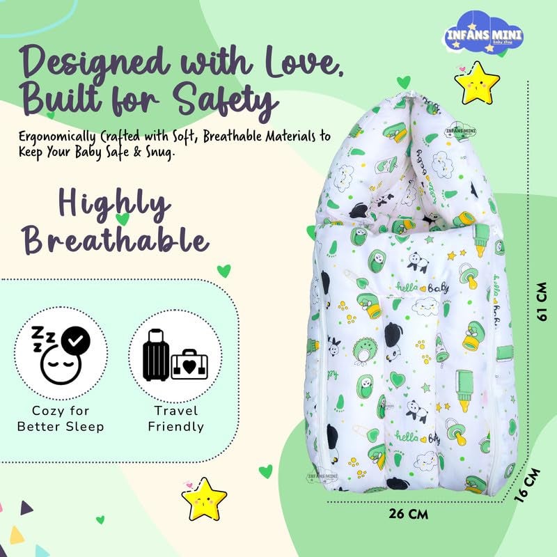 Infans Mini Baby Bedding Set, 4 Pcs Cotton Sleeping Essential|Baby Sleeping Bag|Sleeping Mattress|Mother Nursing Feeding Pillow|Mosquito Net Bed for 0-6 Months (Panda Green) - Image 3