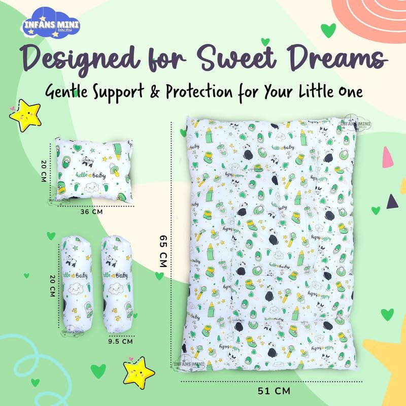 Infans Mini Baby Bedding Set, 4 Pcs Cotton Sleeping Essential|Baby Sleeping Bag|Sleeping Mattress|Mother Nursing Feeding Pillow|Mosquito Net Bed for 0-6 Months (Panda Green) - Image 5